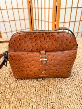 Nanette Lepore Tan Ostrich-Embossed Crossbody Bag with Gold Hardware